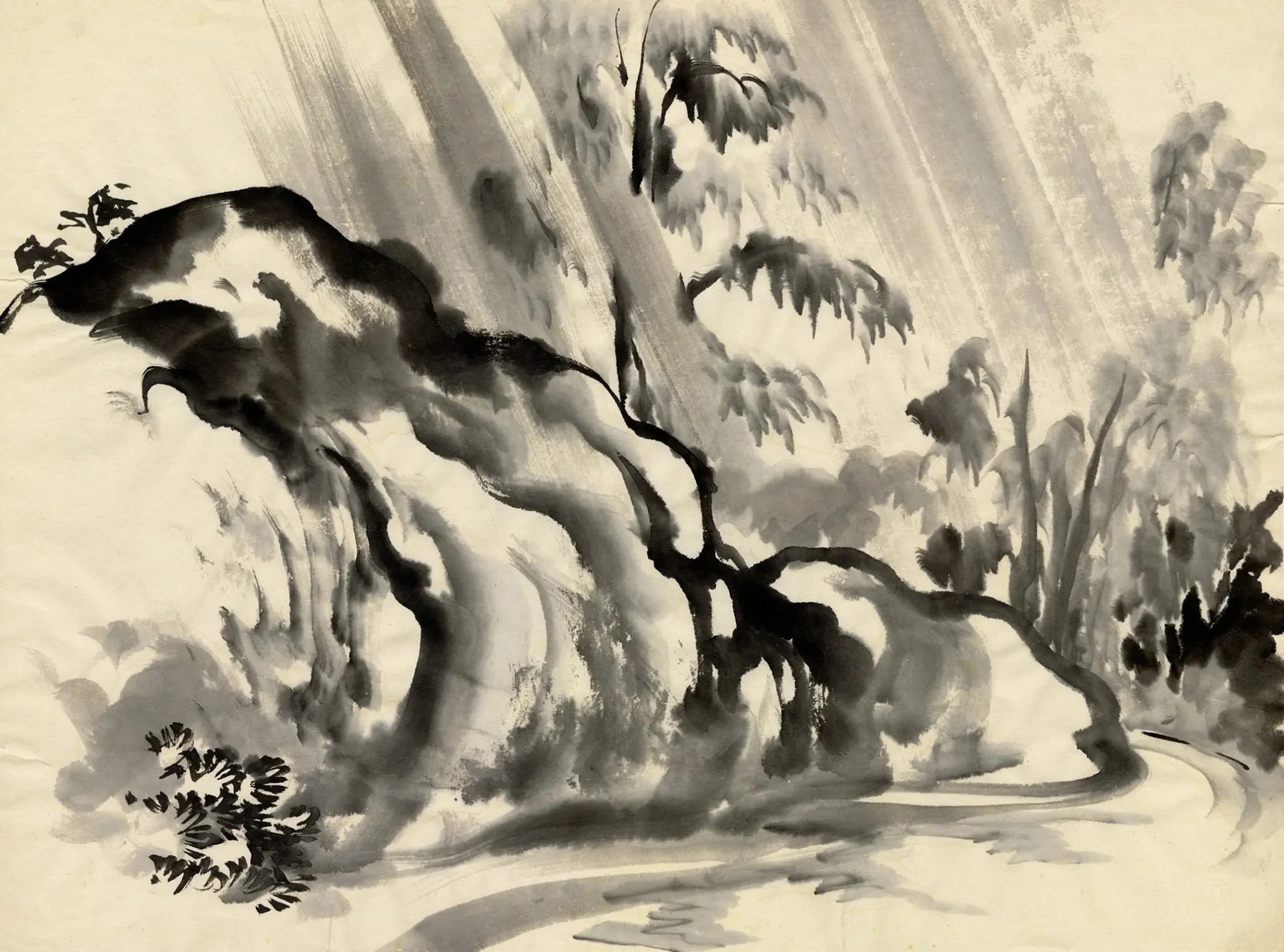 {{ product_title }} Fine Art Print | {{ product_vendor }} Jakero77 Chiura Obata - Rock, Trees and Stream in Rain (1930s) - 17" x 22" Fine Art Print Art Print  Jakero77