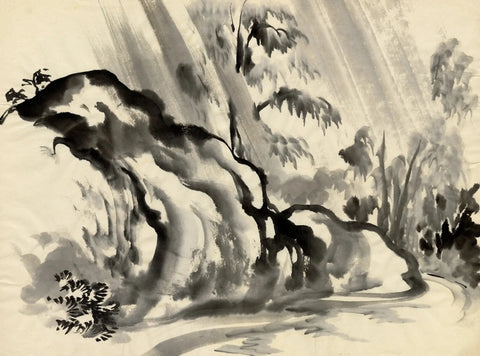 {{ product_title }} Fine Art Print | {{ product_vendor }} Jakero77 Chiura Obata - Rock, Trees and Stream in Rain (1930s) - 17" x 22" Fine Art Print Art Print  Jakero77