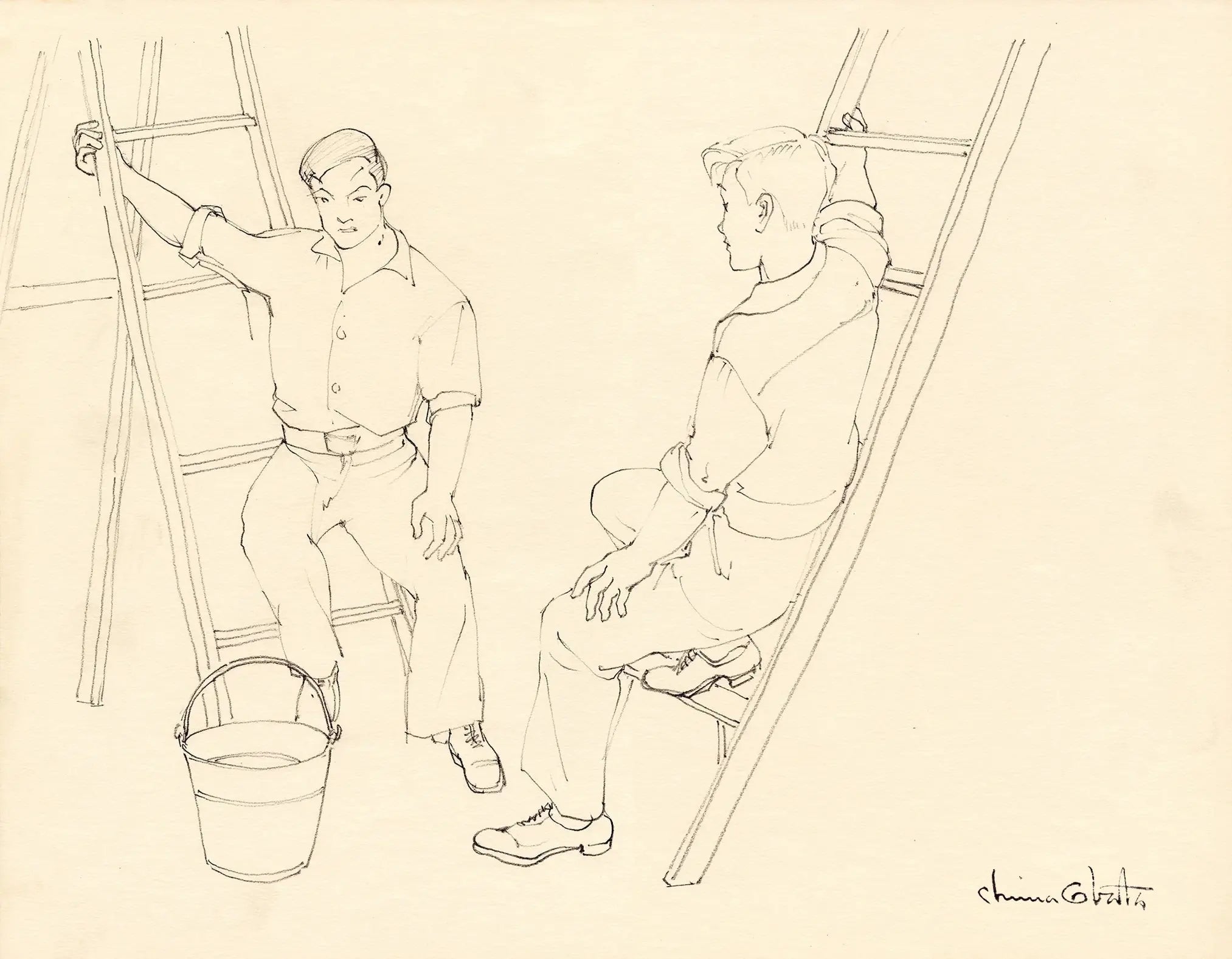 {{ product_title }} Fine Art Print | {{ product_vendor }} Jakero77 Chiura Obata - Study of Workmen on Ladders @ UC Berkeley (1930s) - 17"x22" Print Art Print  Jakero77