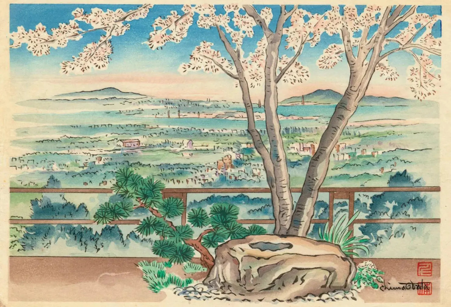 {{ product_title }} Fine Art Print | {{ product_vendor }} Jakero77 Chiura Obata - View of a Japanese Landscape from a Garden 1950s - 17"x22" Print Art Print  Jakero77