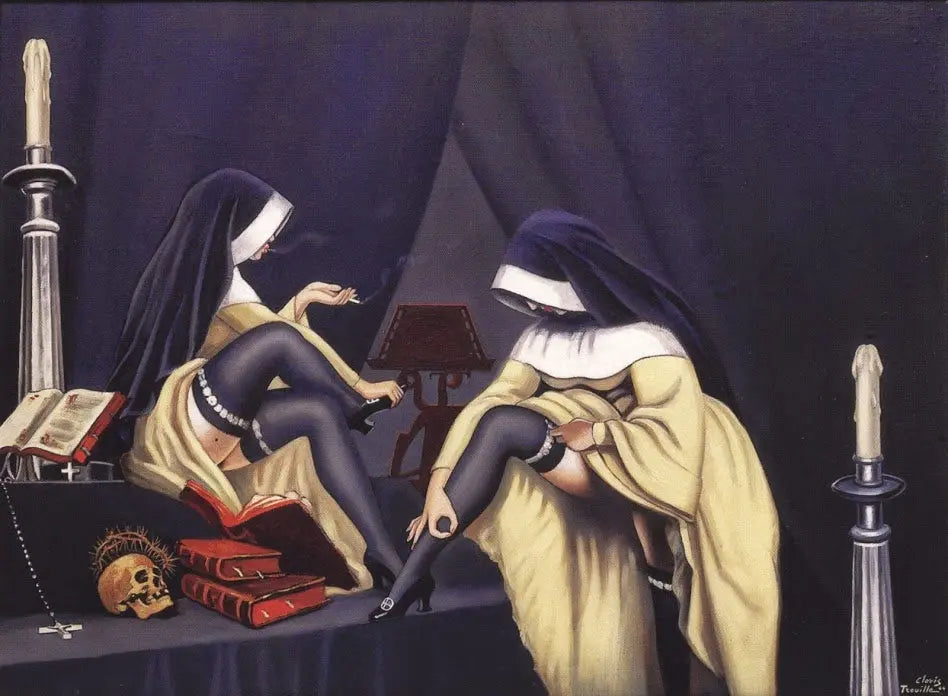 {{ product_title }} Fine Art Print | {{ product_vendor }} Jakero77 Clovis Trouille - Dialogue au Carmel (1944) Smoking Nuns - 17" x 22" Art Print Art Print  Jakero77