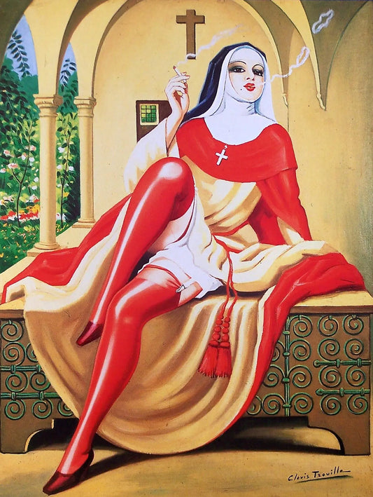 {{ product_title }} Fine Art Print | {{ product_vendor }} Jakero77 Clovis Trouille - Italian Nun Smoking a Cigarette (1944) Signed - 17" x 22" Print Art Print  Jakero77