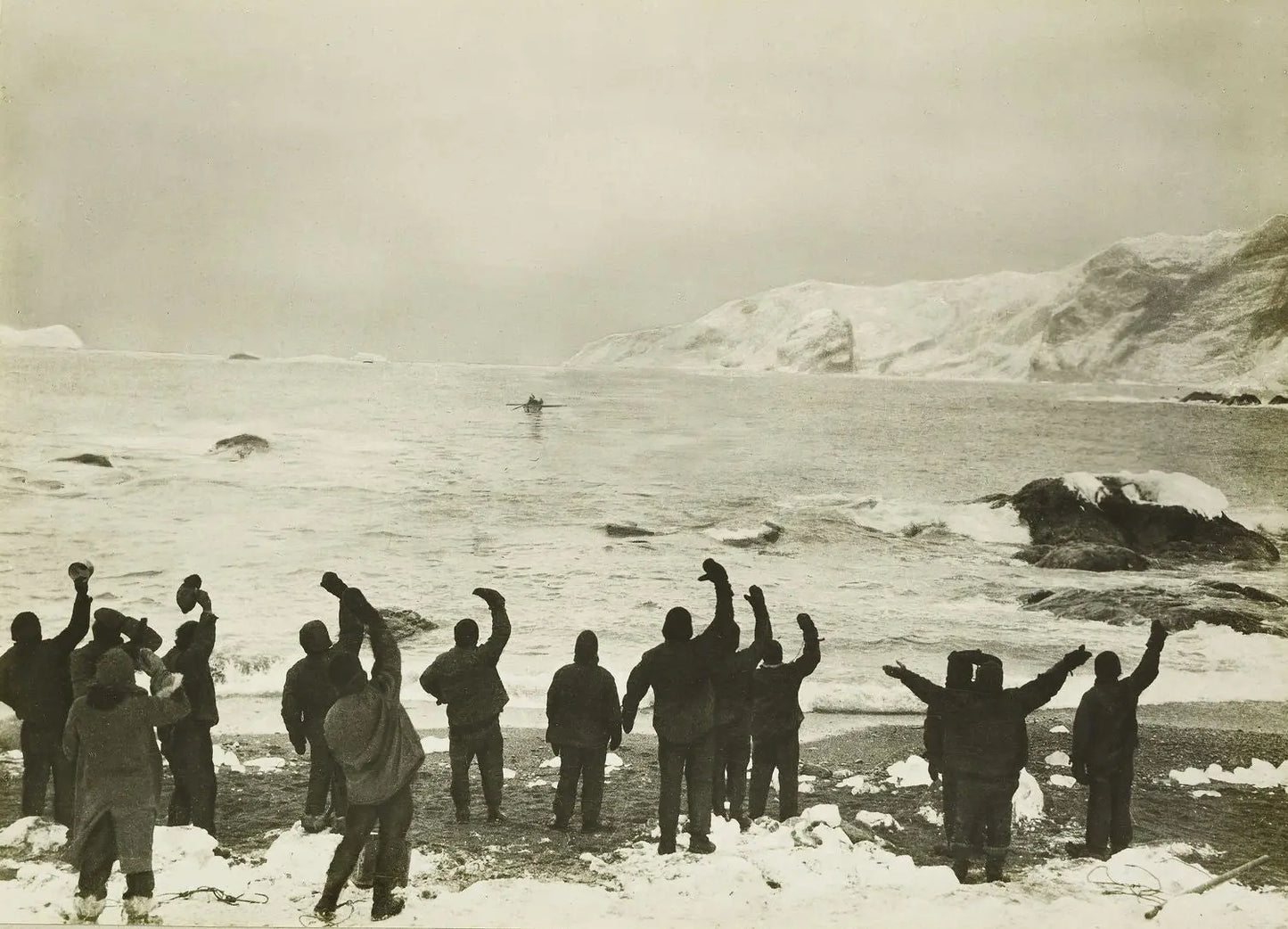{{ product_title }} Fine Art Print | {{ product_vendor }} Jakero77 Frank Hurley - Endurance Crew Wave Farewell Elephant Island Antarctica (1916) - 17"x22" Fine Art Print Art Print  Jakero77