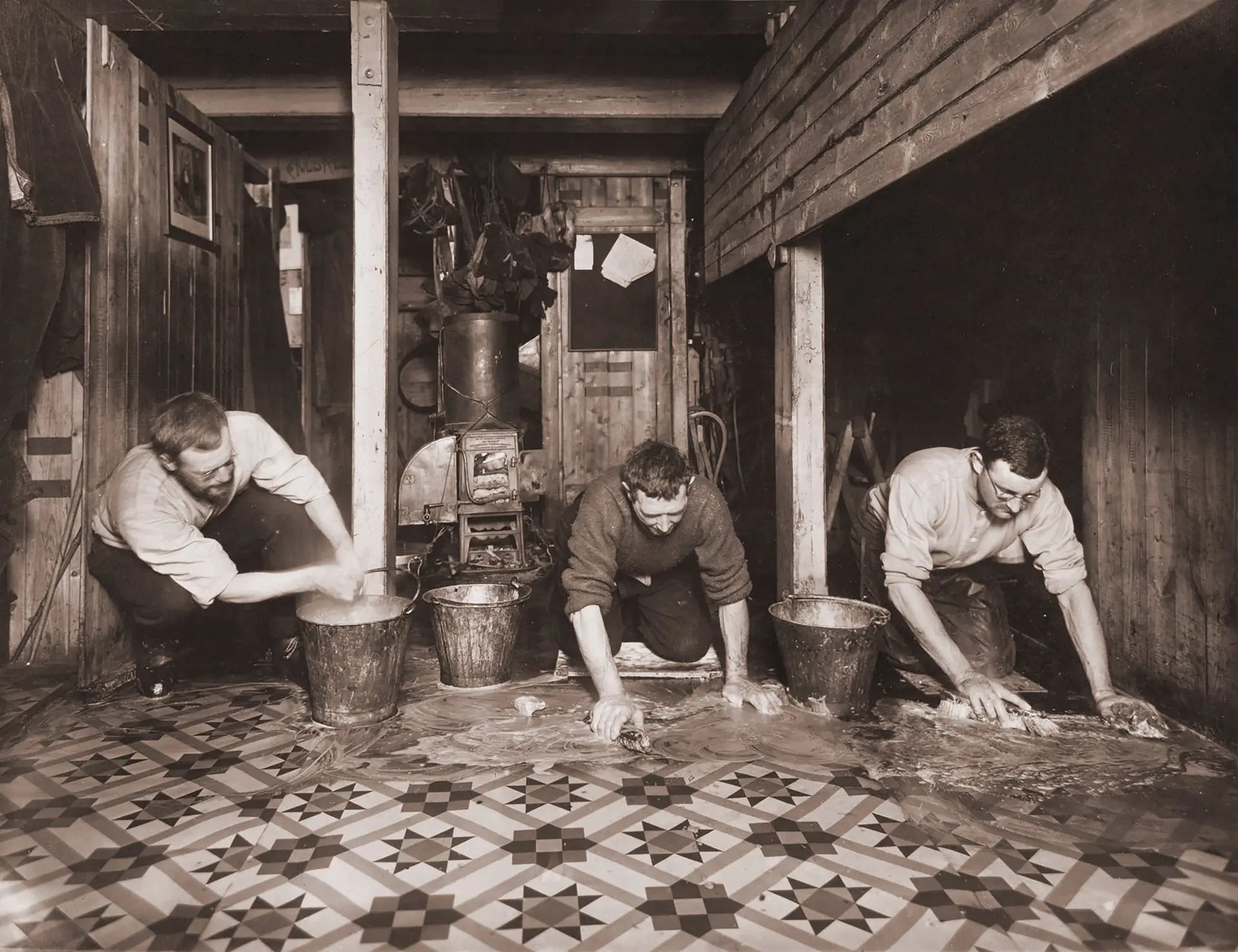 {{ product_title }} Fine Art Print | {{ product_vendor }} Jakero77 Frank Hurley - Sailors Scrub Floor Aboard Endurance (1914) - 17" x 22" Art Print Art Print  Jakero77