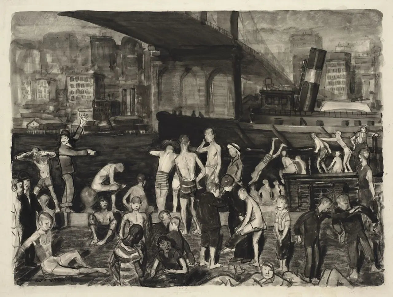 {{ product_title }} Fine Art Print | {{ product_vendor }} Jakero77 George Bellows - Splinter Beach Under Bridge River Steamboat (1912) - 17" x 22" Fine Art Print Art Print  Jakero77