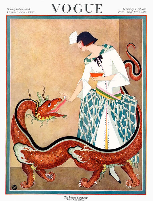 {{ product_title }} Fine Art Print | {{ product_vendor }} Jakero77 George Wolfe Plank - Vogue Fashion Woman w/ Chinese Dragon (1923) - 17"x22" Print Art Print  Jakero77