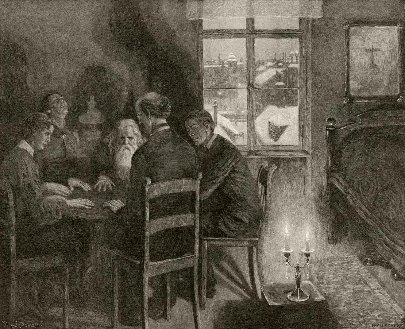 {{ product_title }} Fine Art Print | {{ product_vendor }} Jakero77 Hans Baluschek - Seance in a Garret, German Winter (1910) Signed - 17"x22" Print Art Print  Jakero77
