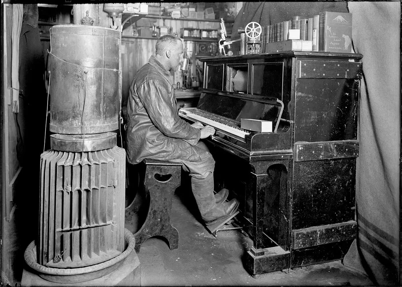 {{ product_title }} Fine Art Print | {{ product_vendor }} Jakero77 Herbert Ponting - Cecil Meares at the Piano Antarctica (1912) - 17"x22" Art Print Art Print  Jakero77