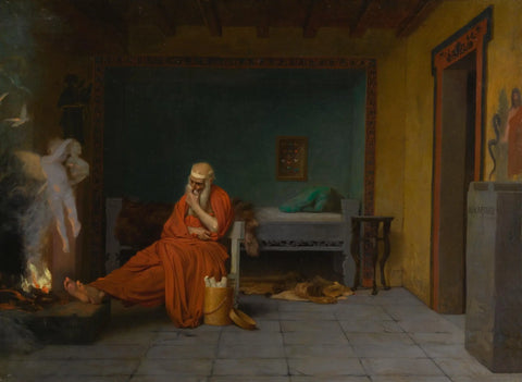 {{ product_title }} Fine Art Print | {{ product_vendor }} Jakero77 J L Gerome - Story of Anacreon 4 The Poet Dreams of Cupid by the Fire (1899) Signed - 17"x22" Fine Art Print Art Print  Jakero77
