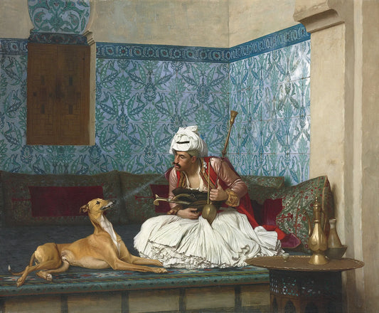 {{ product_title }} Fine Art Print | {{ product_vendor }} Jakero77 Jean Leon Gerome - Arnaut Blowing Smoke at his Dog (1882) Signed - 17" x 22" Print Art Print  Jakero77