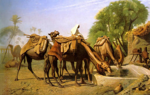 {{ product_title }} Fine Art Print | {{ product_vendor }} Jakero77 Jean Leon Gerome - Camels at the Fountain (Signed) - 17" x 22" Fine Art Print Art Print  Jakero77