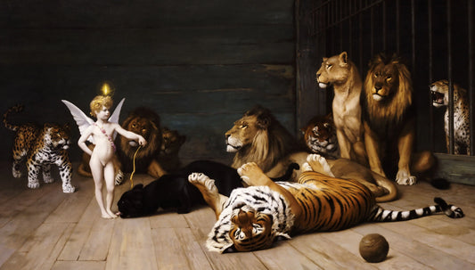 {{ product_title }} Fine Art Print | {{ product_vendor }} Jakero77 Jean Leon Gerome - Love the Conqueror, Lions Tigers - 17" x 22" Fine Art Print Art Print  Jakero77
