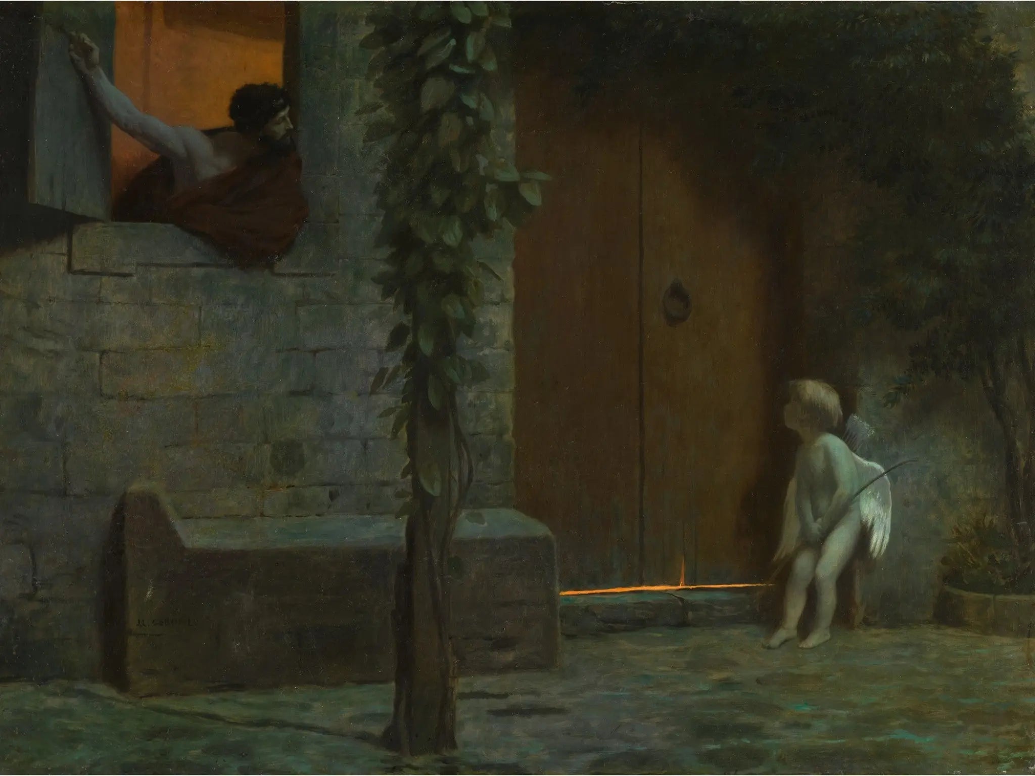 {{ product_title }} Fine Art Print | {{ product_vendor }} Jakero77 Jean Leon Gerome - Story of Anacreon 1 Cupid @ Door in Rainstorm (1899) Signed - 17"x22" Fine Art Print Art Print  Jakero77