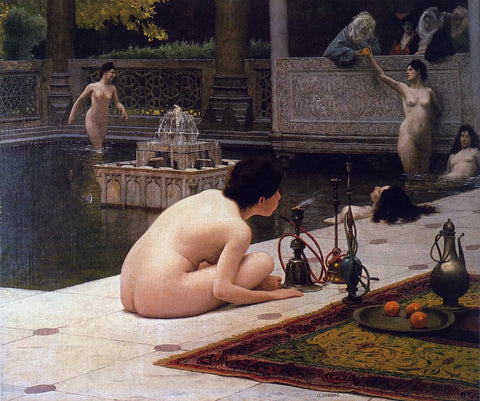 {{ product_title }} Fine Art Print | {{ product_vendor }} Jakero77 Jean Leon Gerome - The Hookah Lighter Nudes (1898) Signed - 17"x22" Fine Art Print Art Print  Jakero77