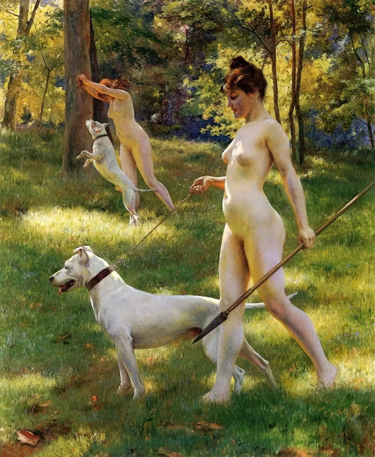 {{ product_title }} Fine Art Print | {{ product_vendor }} Jakero77 Julius LeBlanc Stewart - Nymphs Hunting (1898) Nude with Dogs - 17" x 22" Print Art Print  Jakero77