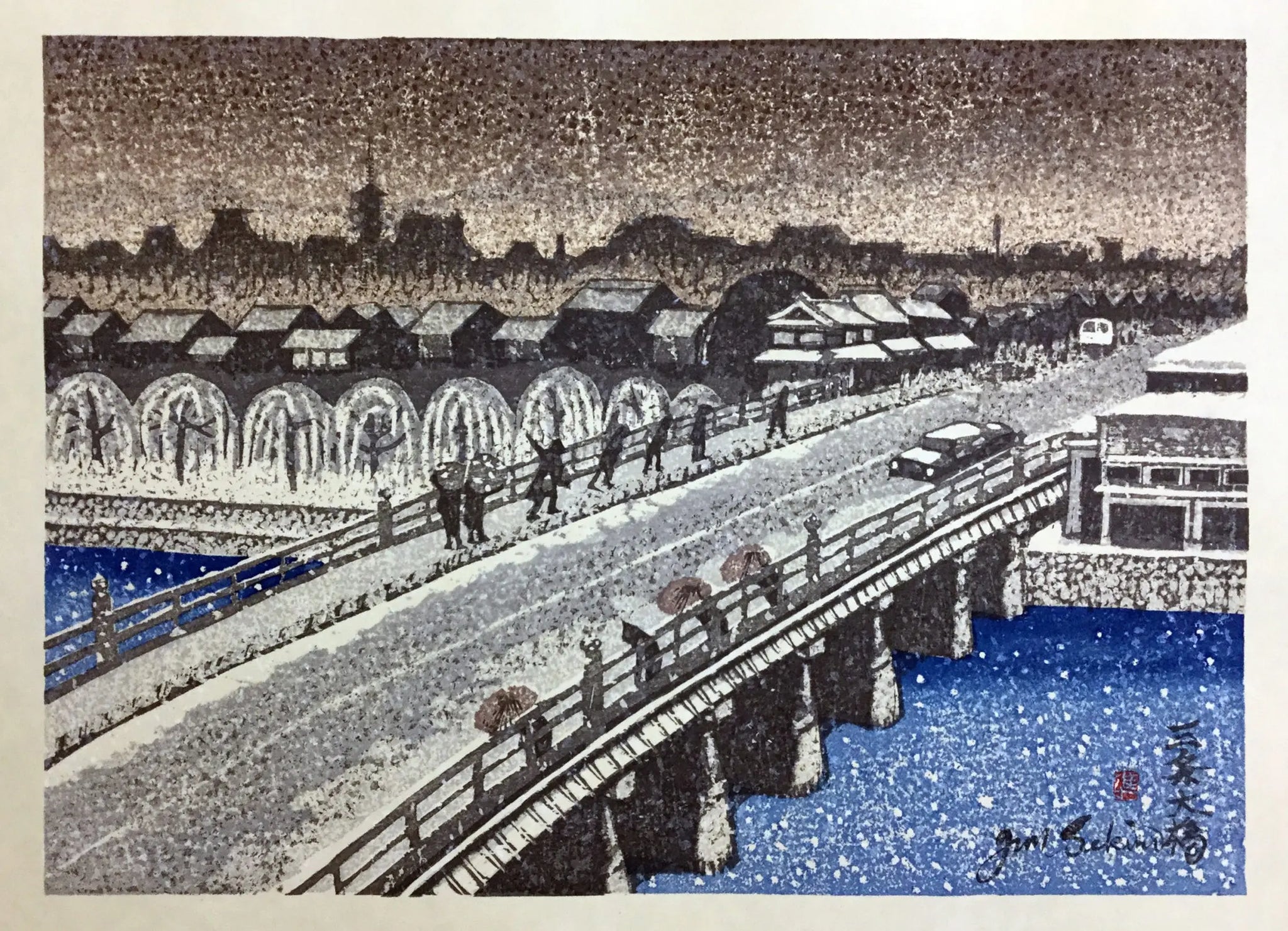 {{ product_title }} Fine Art Print | {{ product_vendor }} Jakero77 Junʼichirō Sekino - Kyoto: Sanjo Ohashi in Snow (1973) - 17"x22" Fine Art Print Art Print  Jakero77