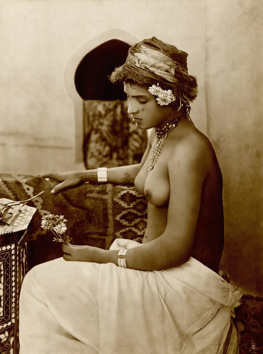 {{ product_title }} Fine Art Print | {{ product_vendor }} Jakero77 Lehnert & Landrock - Nude Moroccan Woman Holding Flowers (1909) - 17"x22" Print Art Print  Jakero77