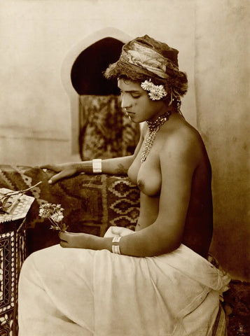 {{ product_title }} Fine Art Print | {{ product_vendor }} Jakero77 Lehnert & Landrock - Nude Moroccan Woman Holding Flowers (1909) - 17"x22" Print Art Print  Jakero77