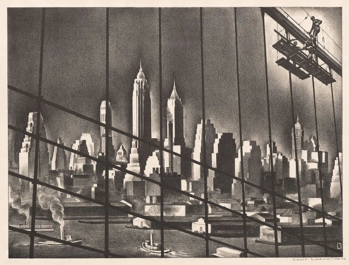 {{ product_title }} Fine Art Print | {{ product_vendor }} Jakero77 Louis Lozowick - Through Brooklyn Bridge Cables (1938) Signed - 17" x 22" Print Art Print  Jakero77