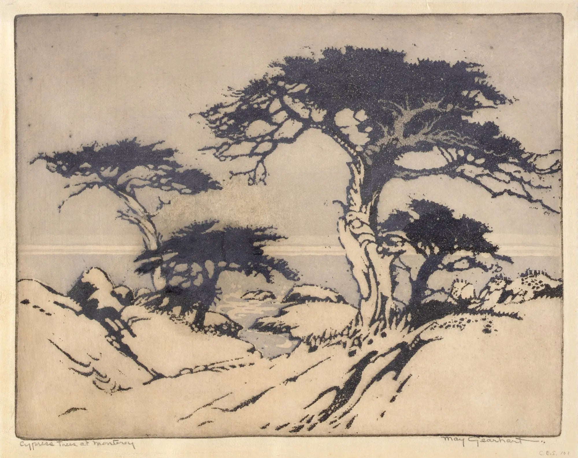 {{ product_title }} Fine Art Print | {{ product_vendor }} Jakero77 May Gearhart - Cypress Trees at Monterey (1935) - 17" x 22" Fine Art Print Art Print  Jakero77