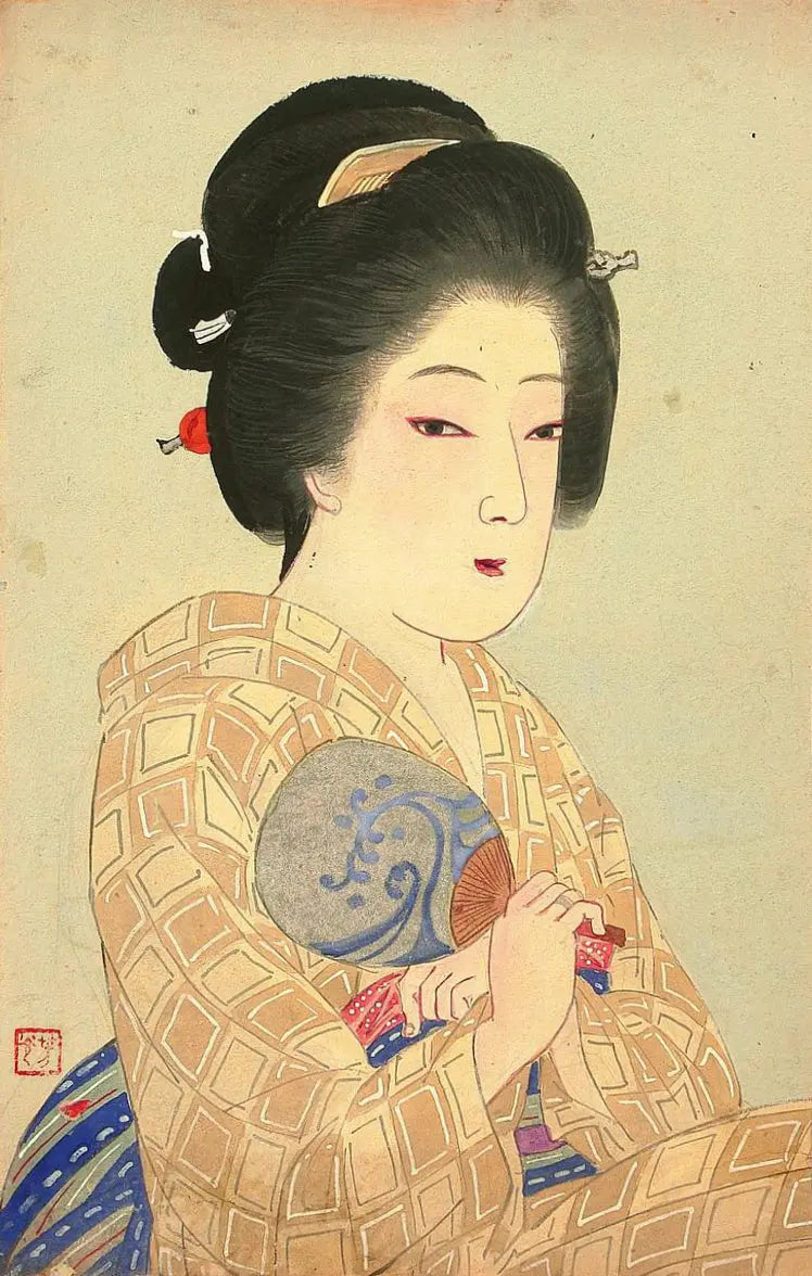 {{ product_title }} Fine Art Print | {{ product_vendor }} Jakero77 Nomura Yoshimitsu - Beauty with Fan (circa 1910) Geisha Girl - 17" x 22" Print Art Print  Jakero77