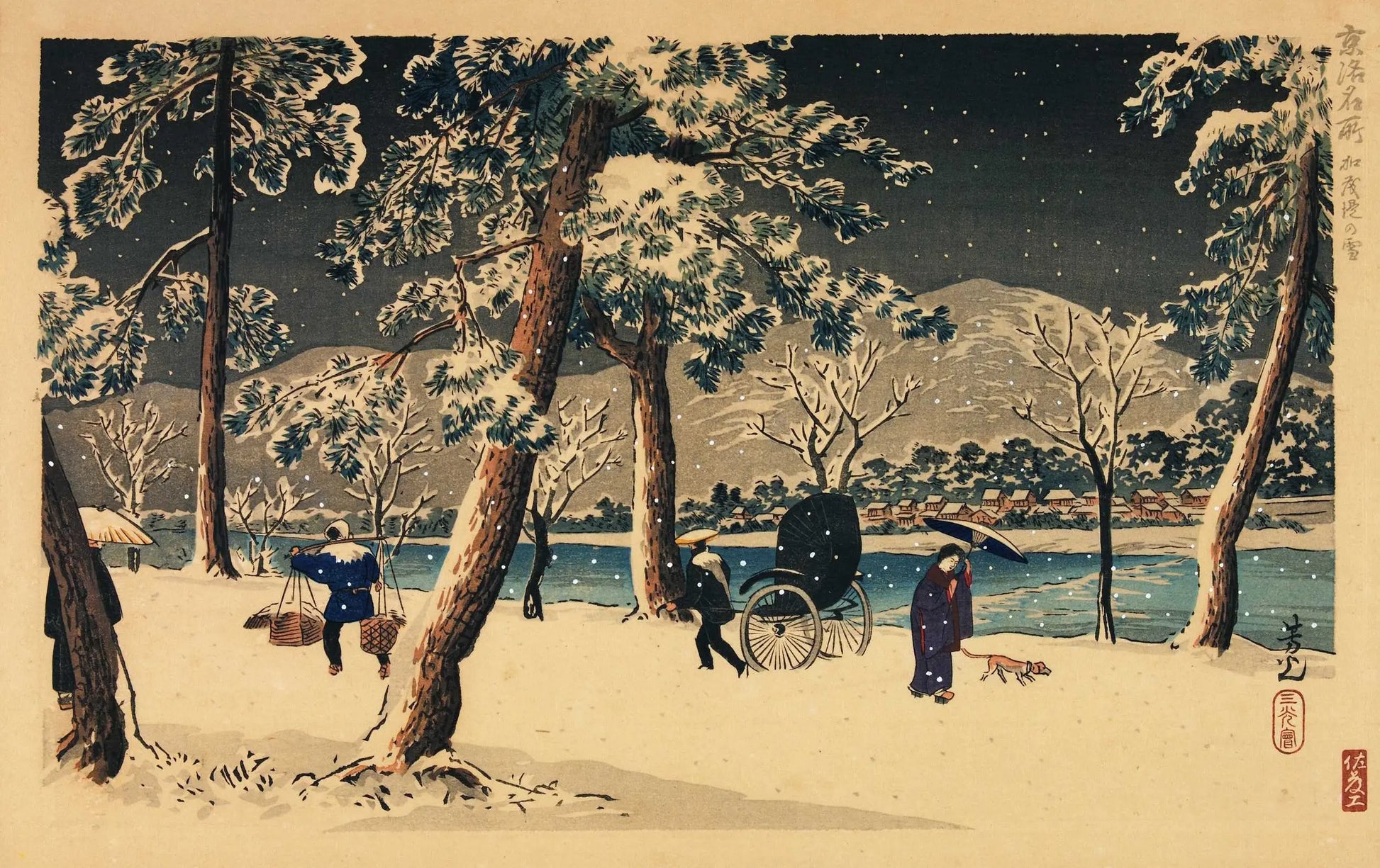 {{ product_title }} Fine Art Print | {{ product_vendor }} Jakero77 Nomura Yoshimitsu - Snowy Night on the Banks of Kamogawa (1930) - 17"x22" Print Art Print  Jakero77