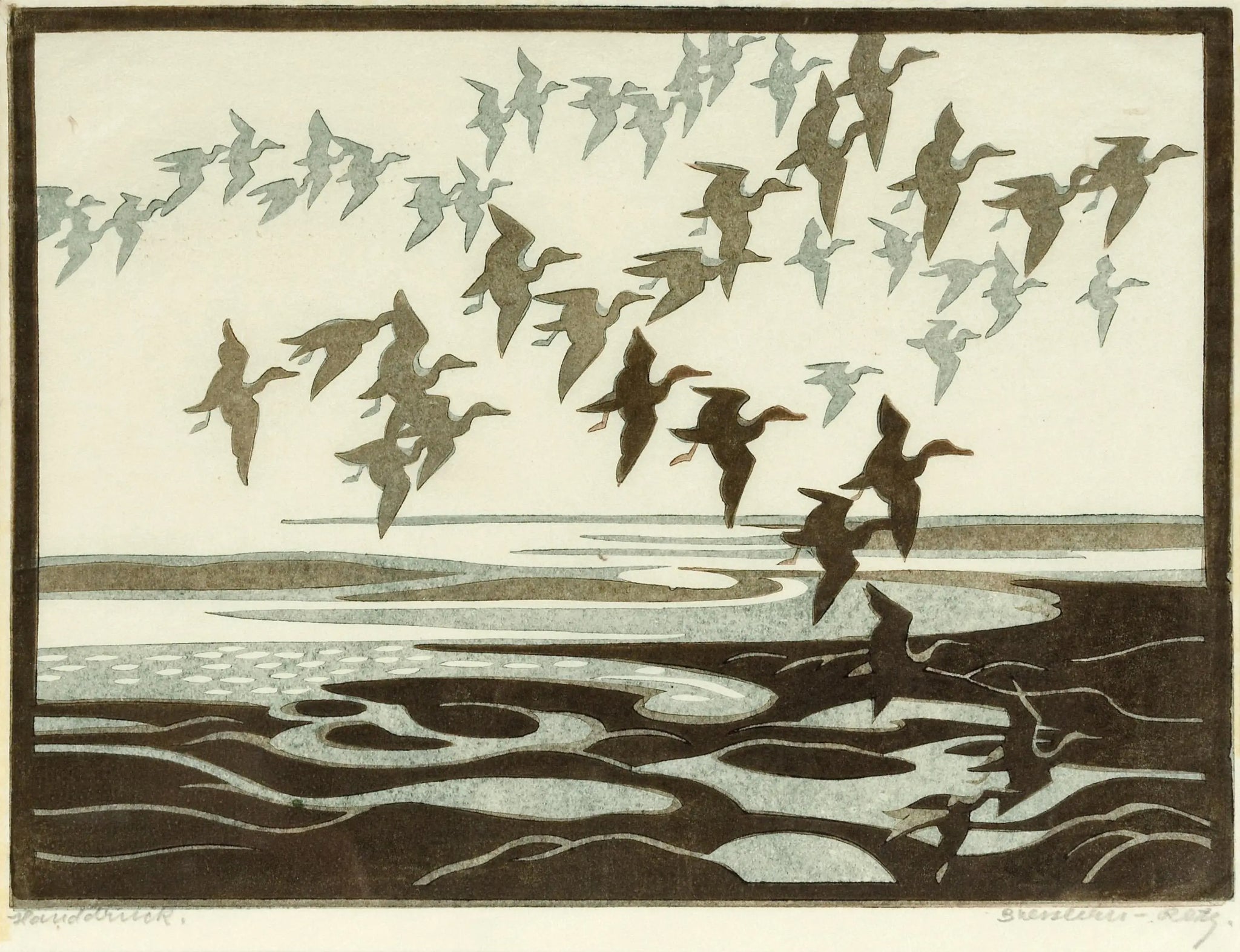 {{ product_title }} Fine Art Print | {{ product_vendor }} Jakero77 Norbertine Bresslern-Roth - Ducks in Flight (1927) Signed - 17"x22" Fine Art Print Art Print  Jakero77