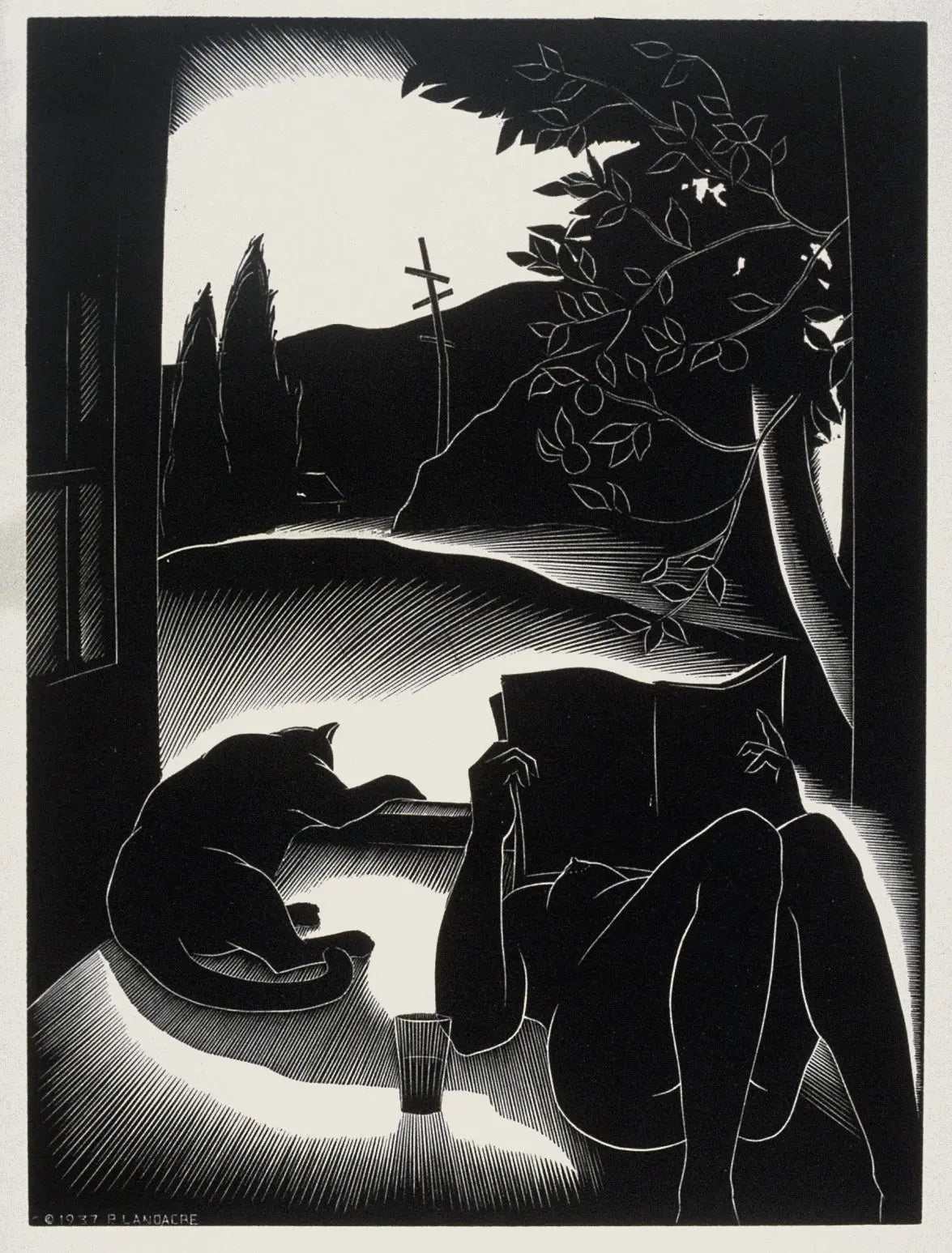 {{ product_title }} Fine Art Print | {{ product_vendor }} Jakero77 Paul Landacre - Sultry Day (1937) Nude Lady Reading - 17" x 22" Fine Art Print Art Print  Jakero77