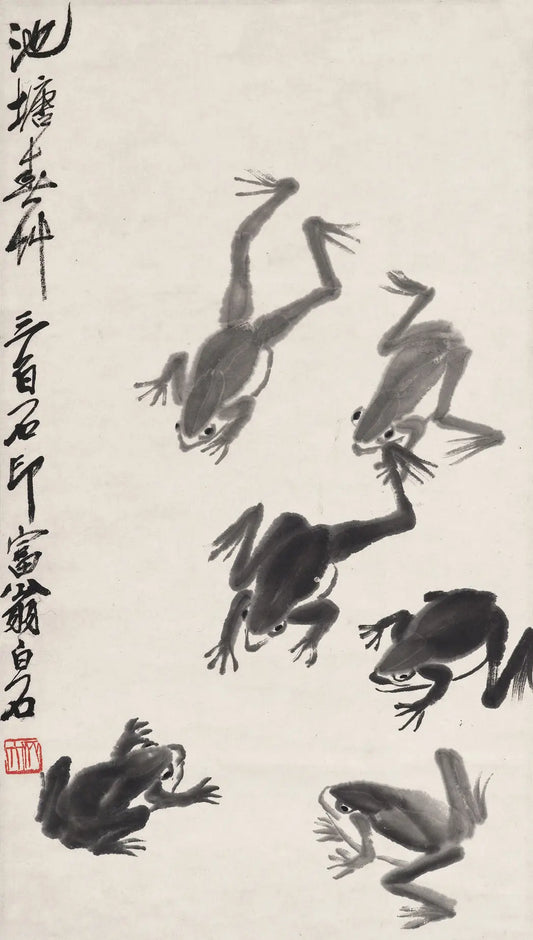 {{ product_title }} Fine Art Print | {{ product_vendor }} Jakero77 Qi Biashi - Flying Frogs (circa 1910) Chinese Watercolor - 17" x 22" Art Print Art Print  Jakero77