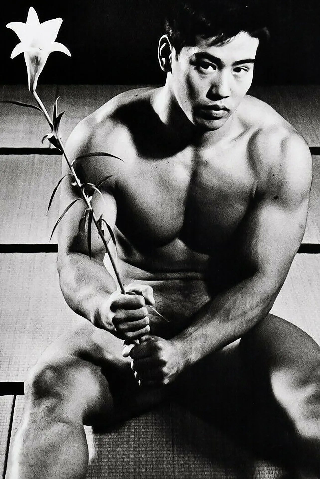 {{ product_title }} Fine Art Print | {{ product_vendor }} Jakero77 Tamotsu Yato - Nude Japanese Male Holding Lily Flower (1960s) - 17" x 22" Art Print Art Print  Jakero77