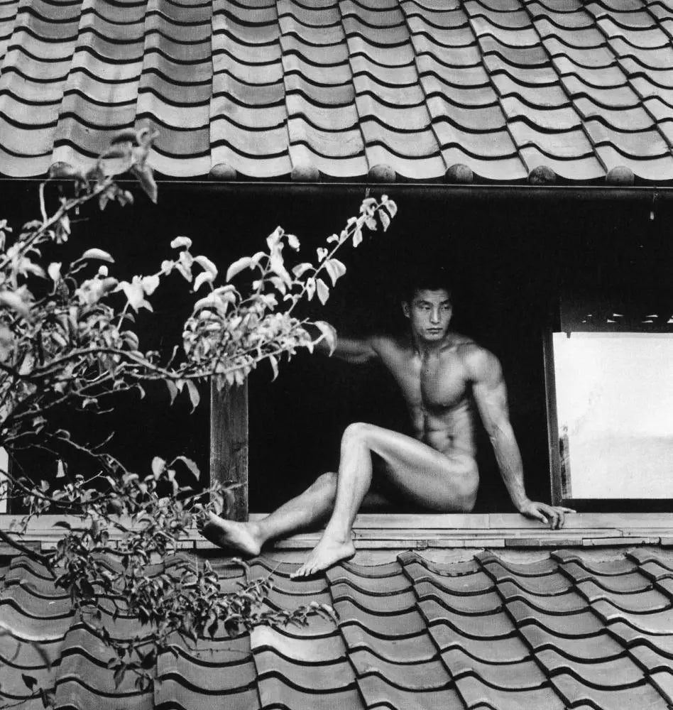 {{ product_title }} Fine Art Print | {{ product_vendor }} Jakero77 Tamotsu Yato - Nude Japanese Male on Pagoda Roof (1972) - 17" x 22" Fine Art Print Art Print  Jakero77