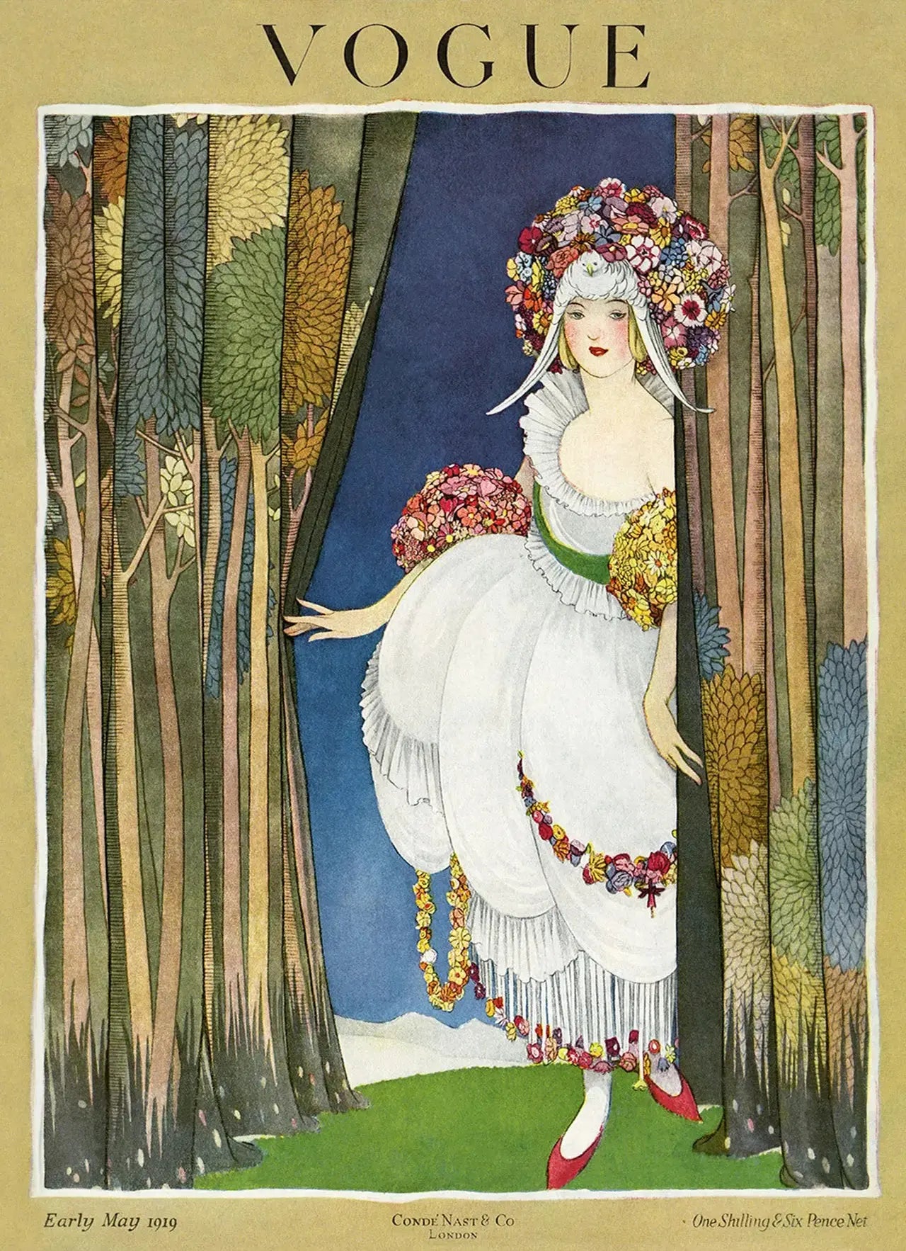 {{ product_title }} Fine Art Print | {{ product_vendor }} Jakero77 Vintage Vogue Fashion Cover Seasons Flowers Dress (1919) - 17" x 22" Art Print Art Print  Jakero77