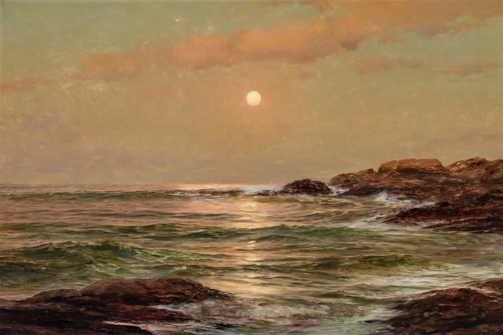 {{ product_title }} Fine Art Print | {{ product_vendor }} Jakero77 Warren Sheppard - Seascape, Waves Splash Rocks (1900s) - 17"x22" Fine Art Print Art Print  Jakero77