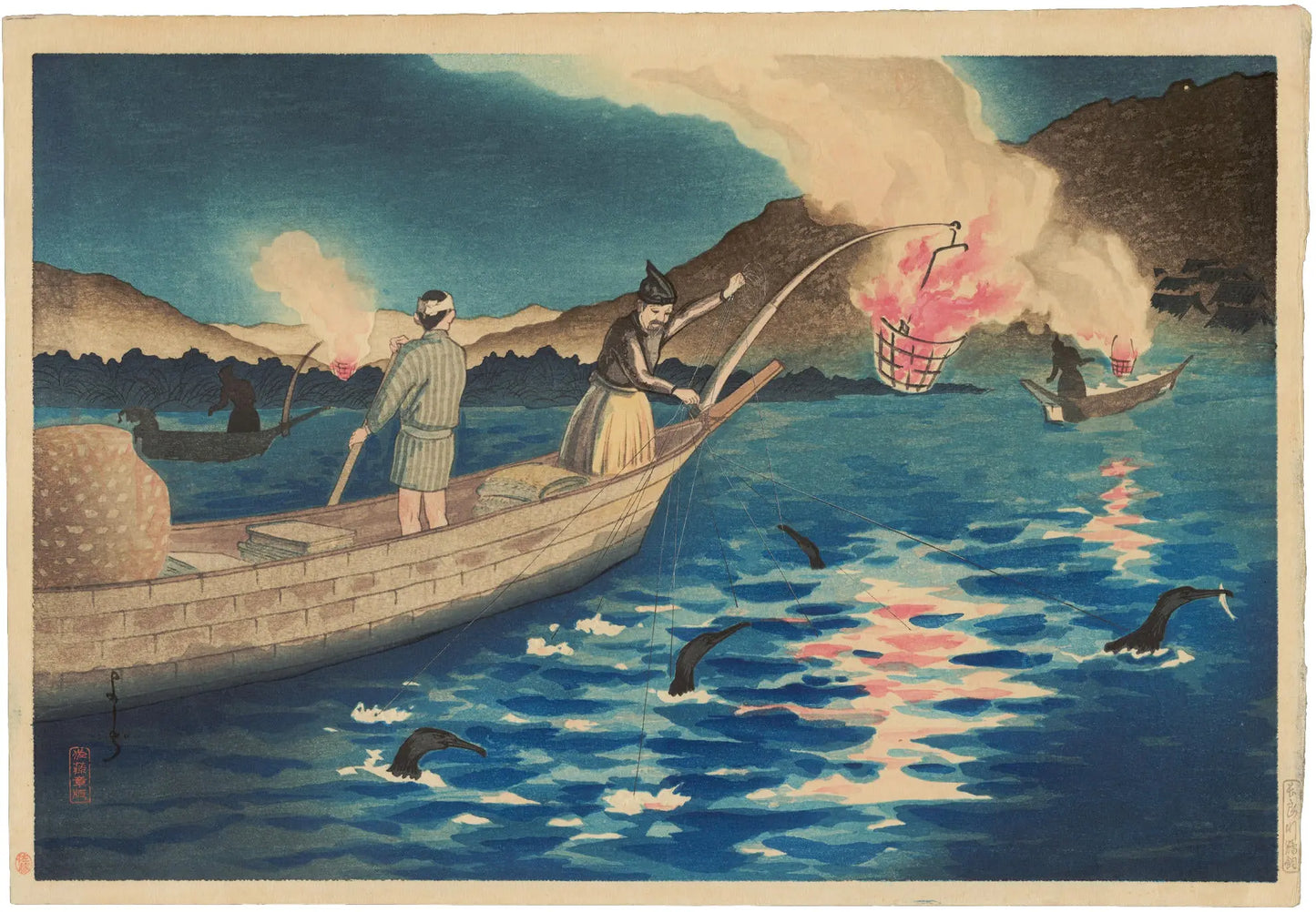 {{ product_title }} Fine Art Print | {{ product_vendor }} Jakero77 Yoshiji - Nagaragawa Cormorant Fishing Boat (1920) - 17" x 22" Fine Art Print Art Print  Jakero77