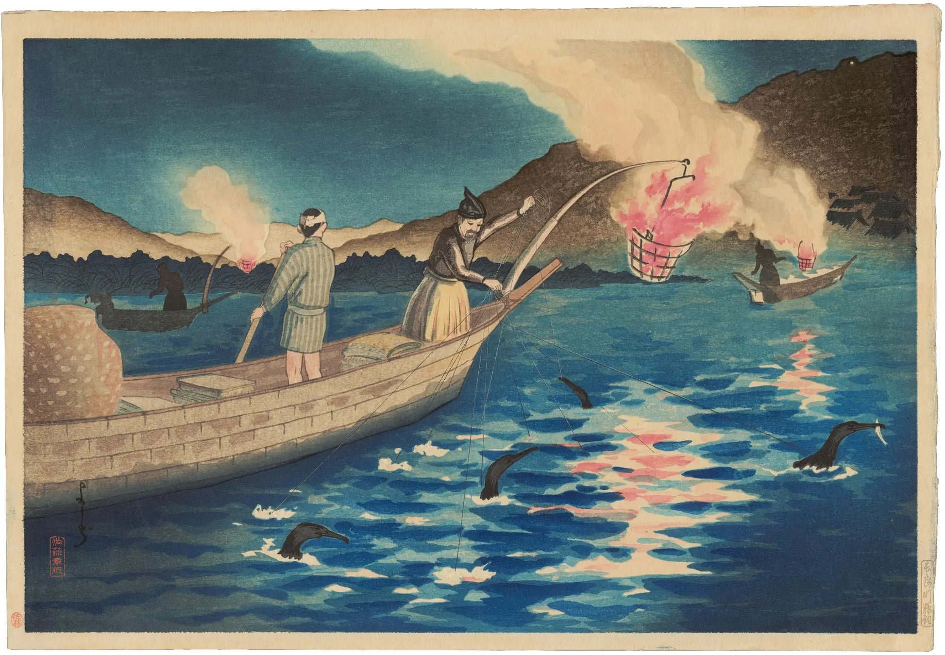 {{ product_title }} Fine Art Print | {{ product_vendor }} Jakero77 Yoshiji - Nagaragawa Cormorant Fishing Boat (1920) - 17" x 22" Fine Art Print Art Print  Jakero77