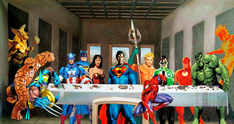 Superheroes Last Supper Batman Superman Spiderman by SEKERO - 17" x 22" Fine Art Print